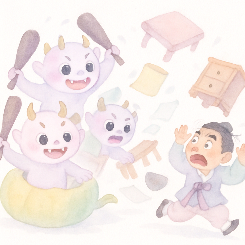 놀부가 두 번째 박을 자르자 도깨비들이 나와 집을 어지럽히는 장면